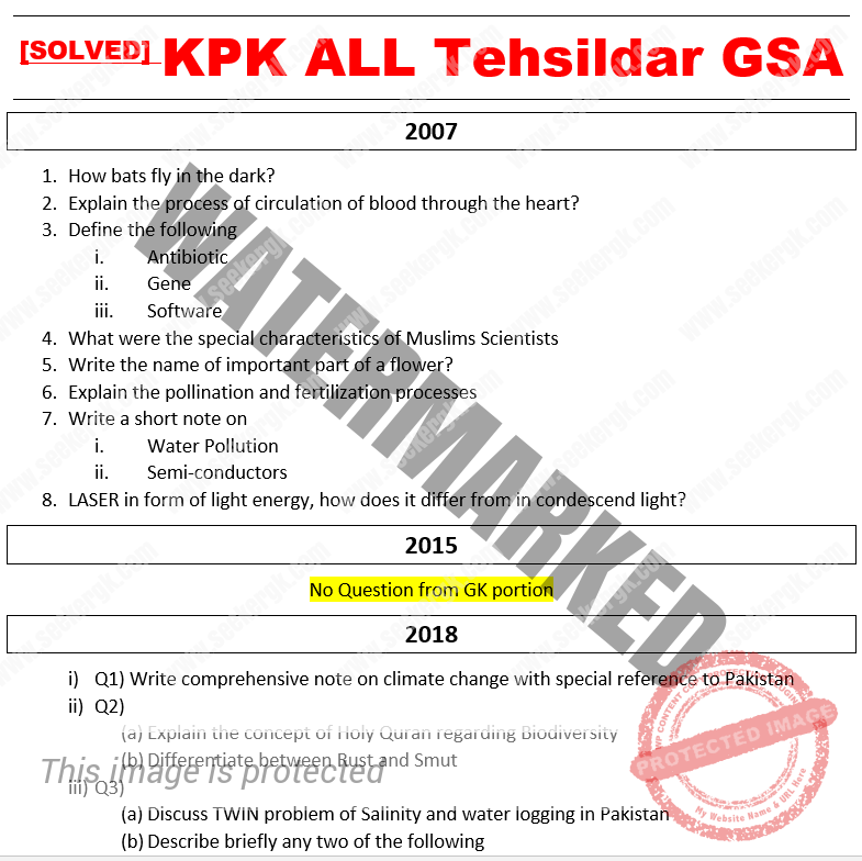 KPK Tehsildar General Knowledge & Everyday Science All Past Papers Solutons